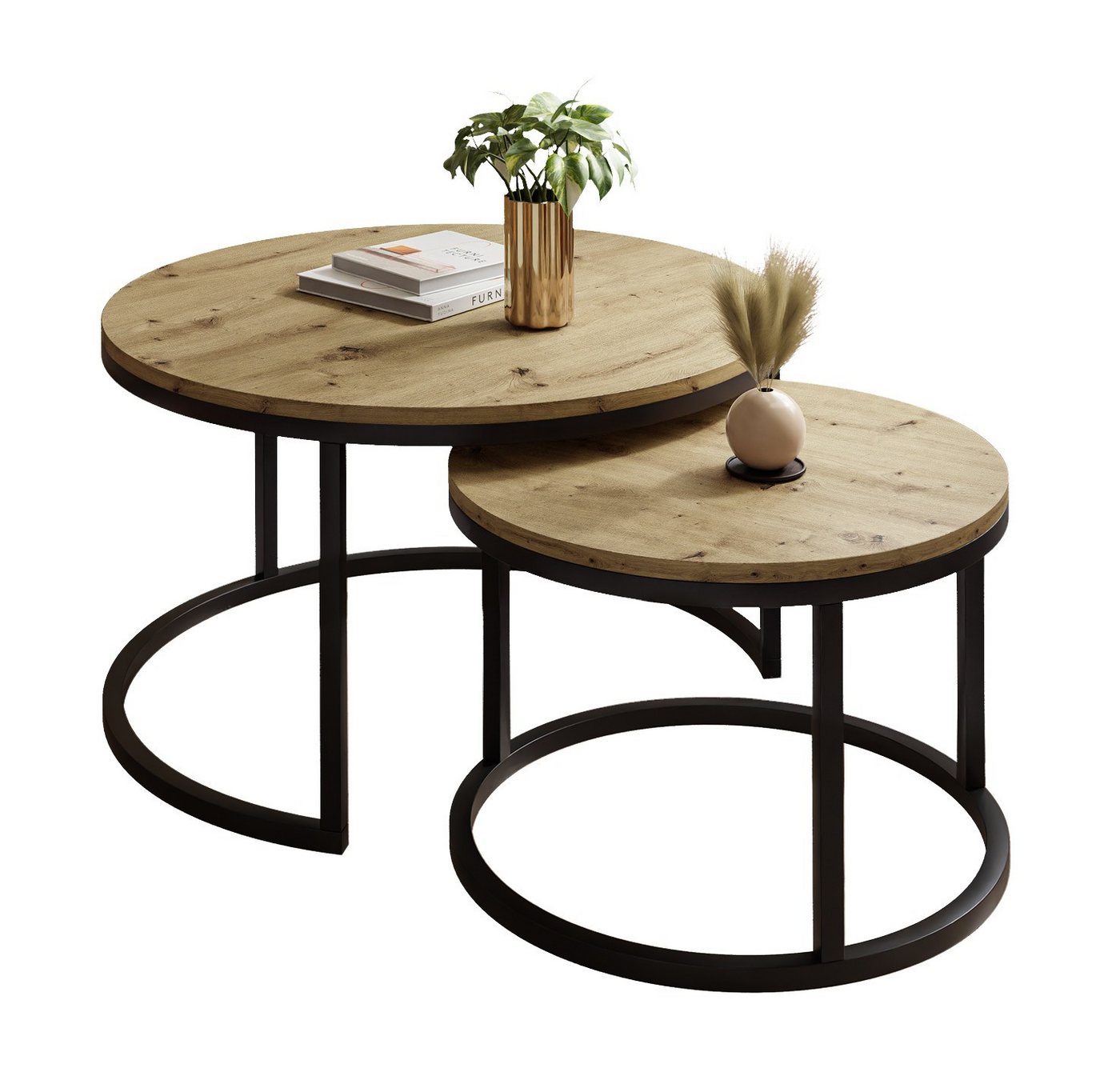ALLHOUSE24 Couchtisch runder Sofatisch 2 in 1 LOFT Metall Gestell Tisch Ø 80/60 (2er Set), Ø80/60 cm von ALLHOUSE24