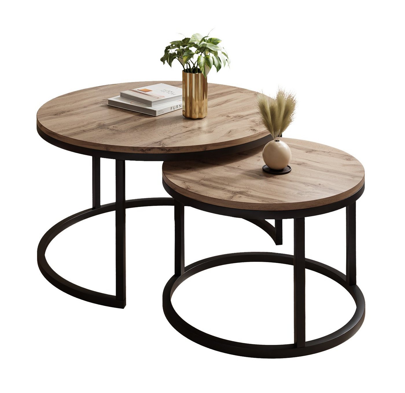 ALLHOUSE24 Couchtisch runder Sofatisch 2 in 1 LOFT Metall Gestell Tisch Ø 80/60 (2er Set), Ø80/60 cm von ALLHOUSE24