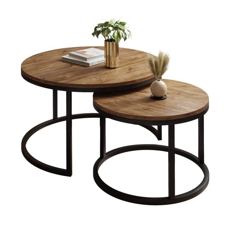 ALLHOUSE24 Couchtisch runder Sofatisch 2 in 1 LOFT Metall Gestell Tisch Ø 80/60 (2er Set), Ø80/60 cm von ALLHOUSE24