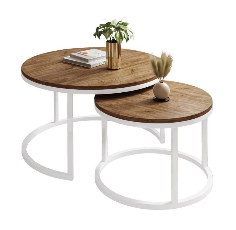 ALLHOUSE24 Couchtisch runder Sofatisch 2 in 1 LOFT Metall Gestell Tisch Ø 80/60 (2er Set), Ø80/60 cm von ALLHOUSE24