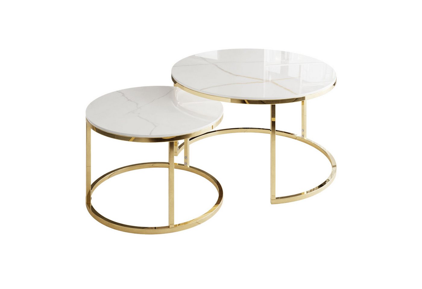 ALLHOUSE24 Couchtisch runder Sofatisch KAYA 2 in 1 Gold Chrom Metall Weiß Marmor Konglomerat (2er Set) von ALLHOUSE24