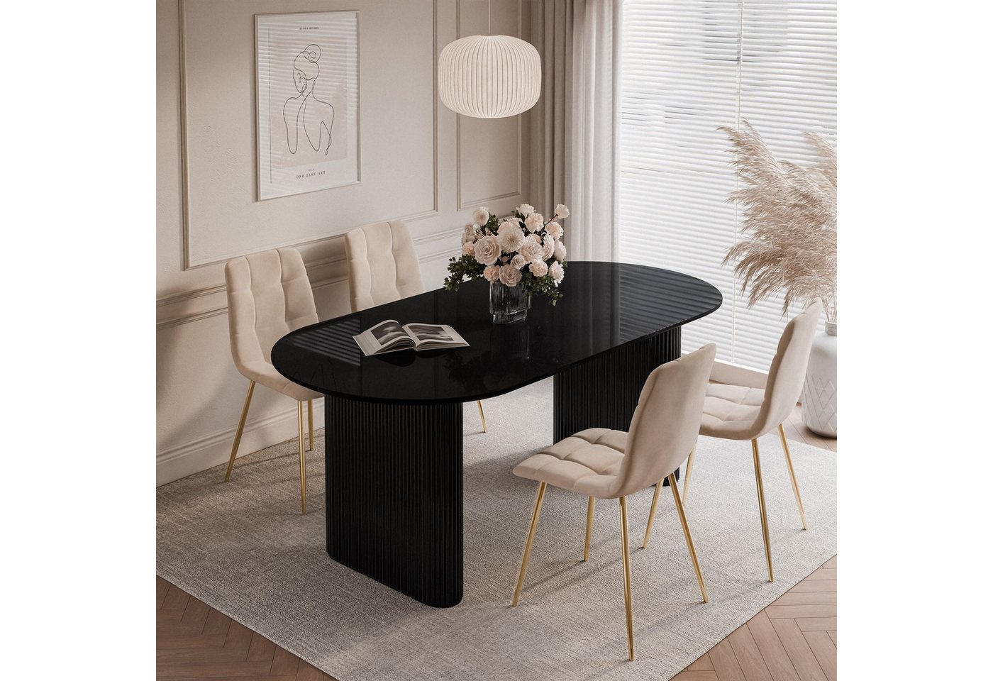 ALLHOUSE24 Esszimmer-Set IVO: Tisch mit 4 Stühlen Esstisch ovale Tischplatte: 180 x 90, 1x Tisch mit 4 Stühlen von ALLHOUSE24