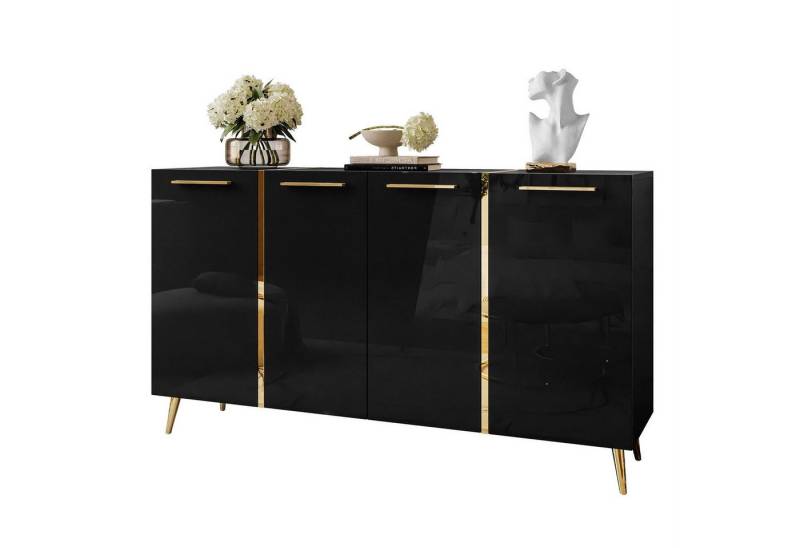 ALLHOUSE24 Kommode DIAMANT GOLD schwarz oder weiß Glanz goldene Metallfüße Sideboard, Breite 158 cm von ALLHOUSE24
