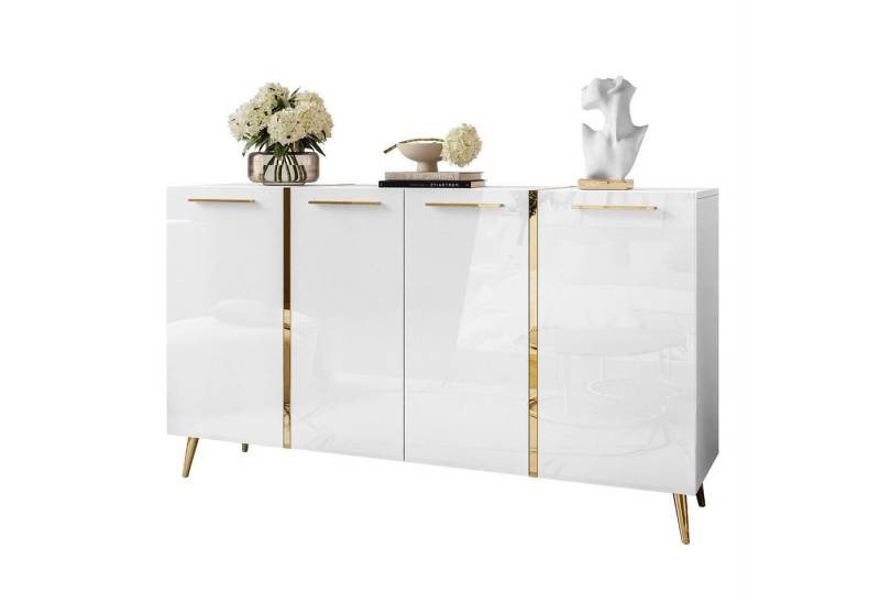 ALLHOUSE24 Kommode DIAMANT GOLD schwarz oder weiß Glanz goldene Metallfüße Sideboard, Breite 158 cm von ALLHOUSE24