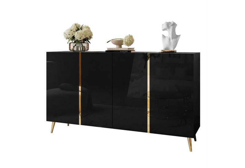 ALLHOUSE24 Kommode DIAMANT GOLD schwarz oder weiß Glanz goldene Metallfüße Sideboard, Breite 158 cm von ALLHOUSE24