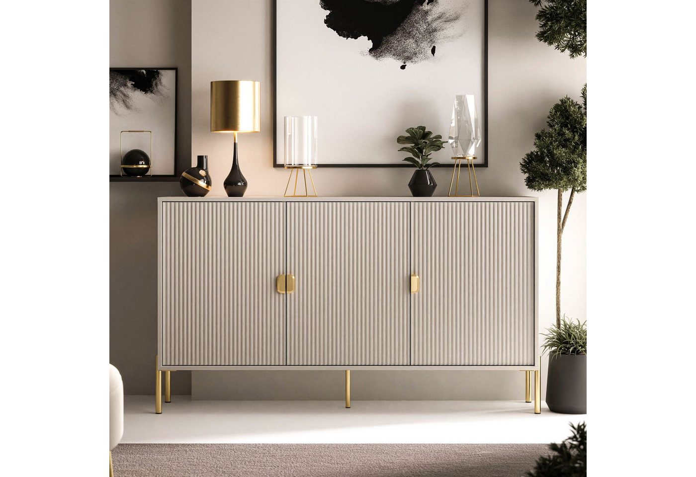 ALLHOUSE24 Kommode GRANDE geriffelte Front gold Beine und Griffe - Sideboard, Breite 154 cm ALLHOUSE24 Kommode GRANDE geriffelte Front gold Beine und Griffe - Sideboard, Breite 154 cm von ALLHOUSE24