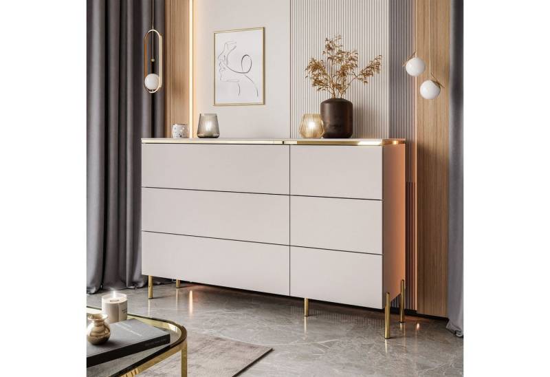 ALLHOUSE24 Kommode LAURA Kaschmir matt 6 Schubladen hängend oder mit Metallfüßen GOLD, Breite 138 cm von ALLHOUSE24