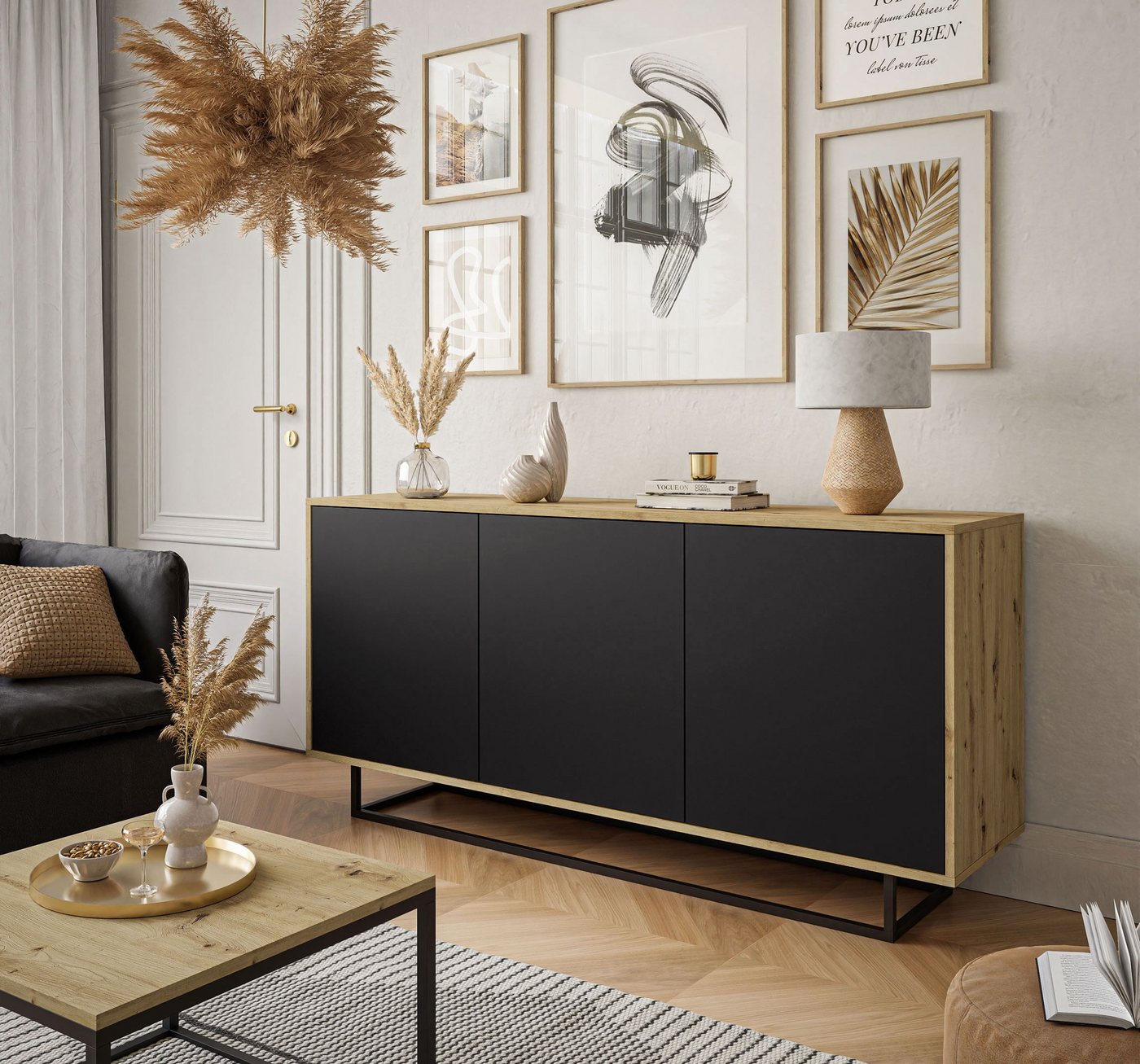 ALLHOUSE24 Kommode MANDY dreitüriges Sideboard Artisan Eiche Weiß oder Schwarz matt, Breite: 154 cm von ALLHOUSE24