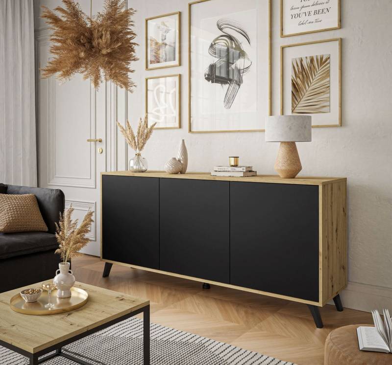 ALLHOUSE24 Kommode MANDY dreitüriges Sideboard Artisan Eiche Weiß oder Schwarz matt, Breite: 154 cm von ALLHOUSE24