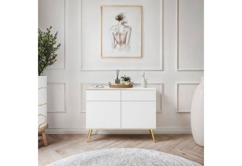 ALLHOUSE24 Kommode SENSO 107 cm zweitürige Sideboard mit zwei Schubladen gold Metallfüße, Breite 107 cm von ALLHOUSE24