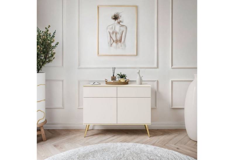 ALLHOUSE24 Kommode SENSO 107 cm zweitürige Sideboard mit zwei Schubladen gold Metallfüße, Breite 107 cm von ALLHOUSE24