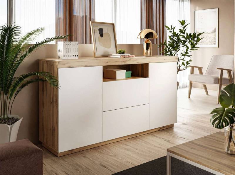 ALLHOUSE24 Kommode WIXI 164 cm Breite Sideboard matt Wotan Eiche PUSH TO OPEN, Breite 164 cm von ALLHOUSE24