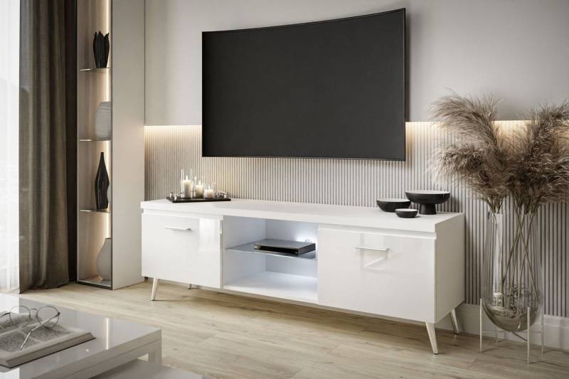 ALLHOUSE24 Lowboard CORE 150 weiß Hochglanz mit Led Metallbeine in Silberchrom TV Schrank, Breite 150 cm von ALLHOUSE24