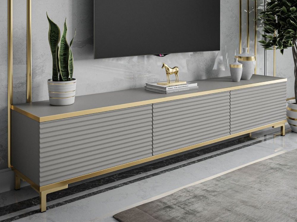 ALLHOUSE24 TV-Schrank RIVERA geriffelte Fronten goldene Füße TV Unterschrank BERLIN Breite 175 cm von ALLHOUSE24