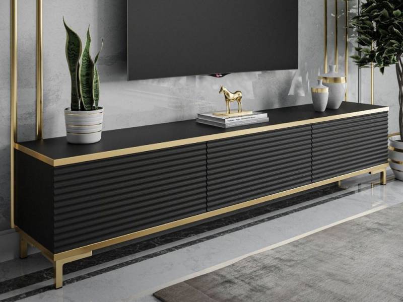 ALLHOUSE24 TV-Schrank RIVERA geriffelte Fronten goldene Füße TV Unterschrank BERLIN Breite 175 cm von ALLHOUSE24