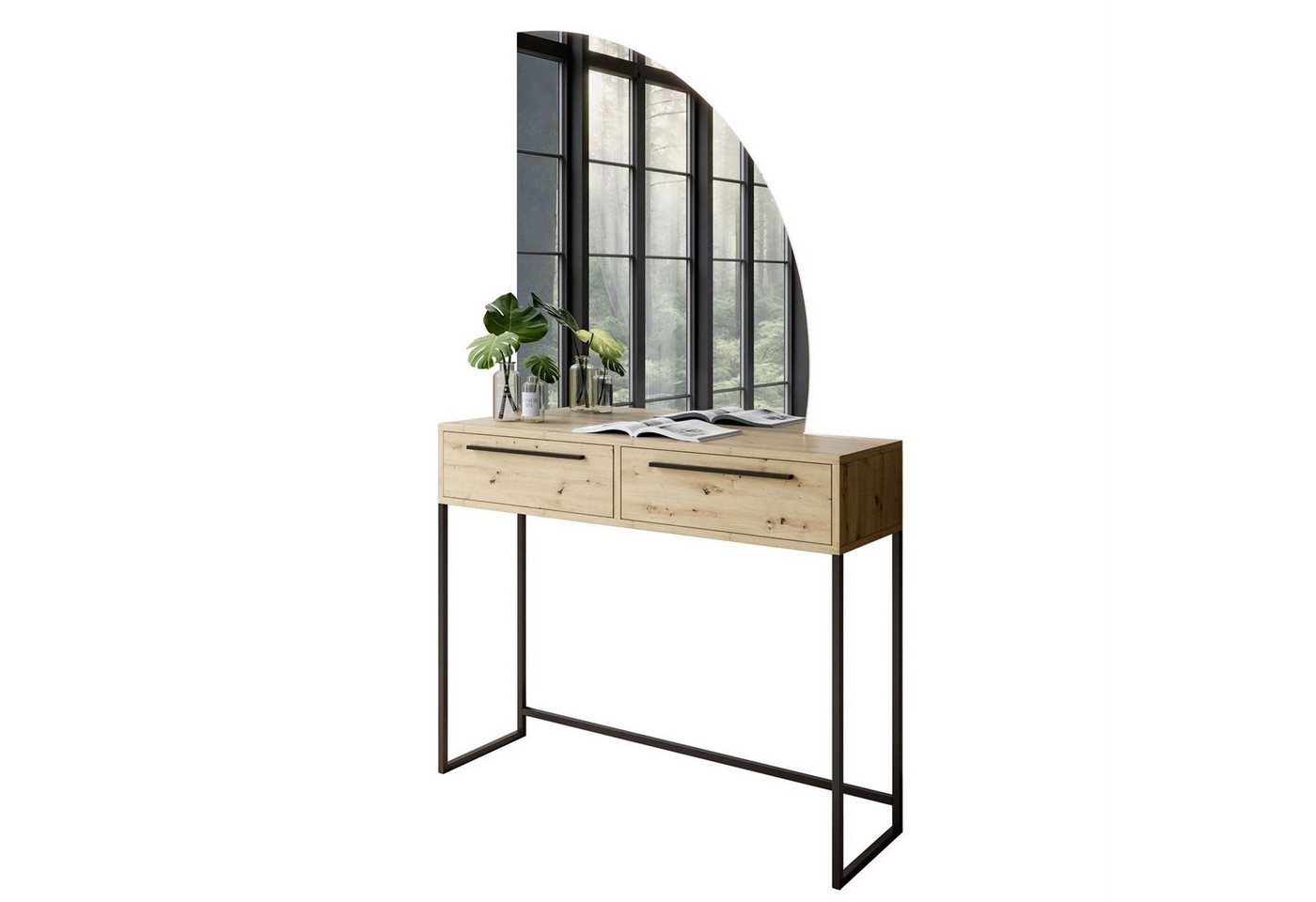 ALLHOUSE24 Schminktisch Artisan Eiche mit halbmond Spiegel mit LED Beleuchtung Kosmetiktisch, Breite 100 cm von ALLHOUSE24