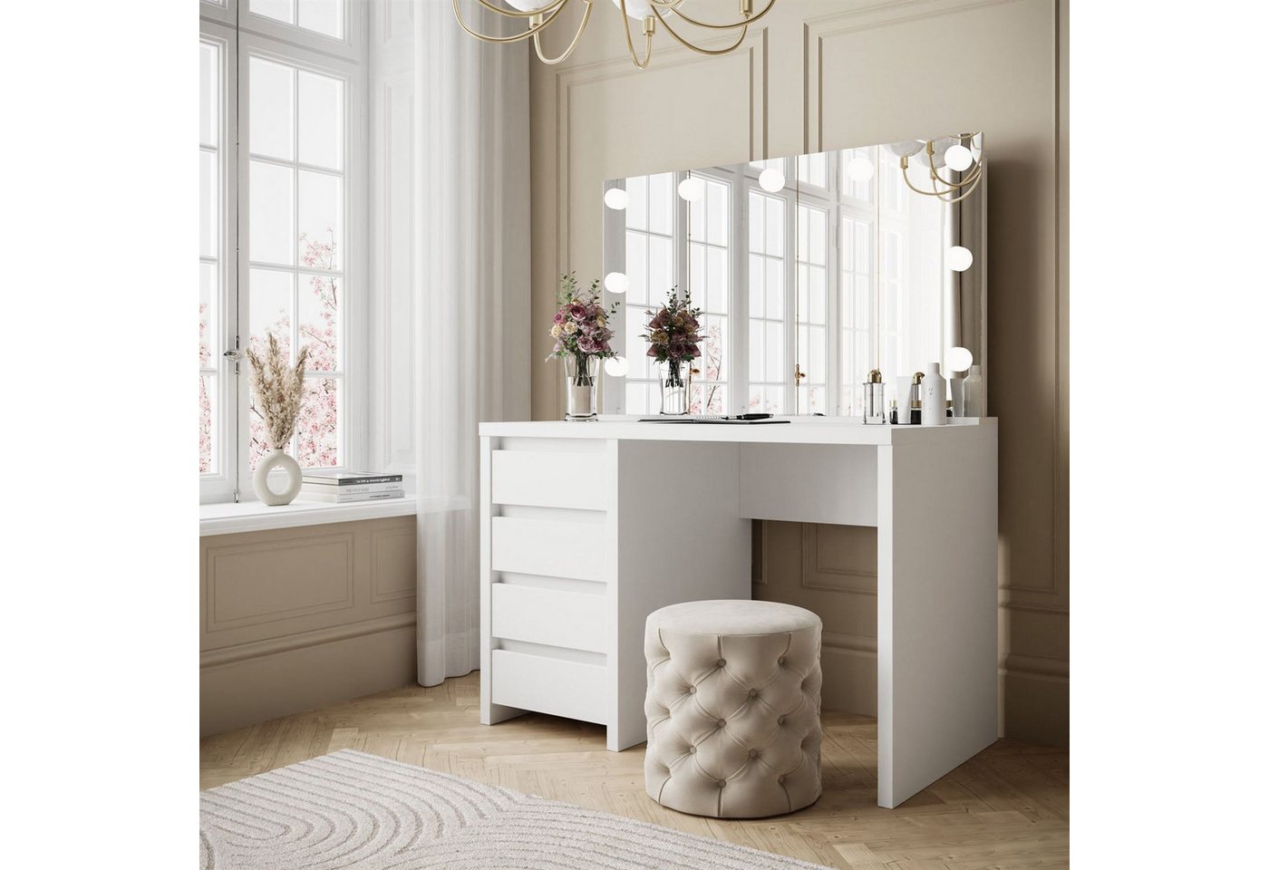 ALLHOUSE24 Schminktisch BELLA ELITE weiß inkl. Spiegel und Glühbirnen (Spiegel im Setpreis enthalten), Breite 110 cm von ALLHOUSE24