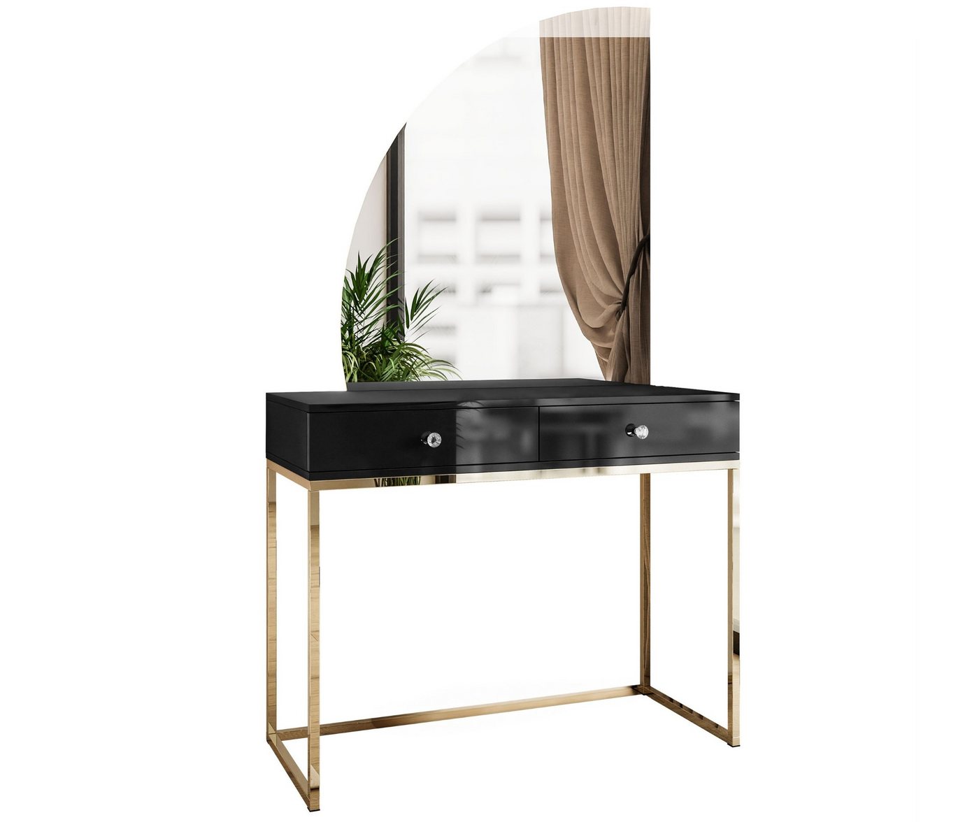 ALLHOUSE24 Schminktisch BUENO MOND Schwarz Metall gold Halbmond Spiegel LED Kosmetiktisch von ALLHOUSE24