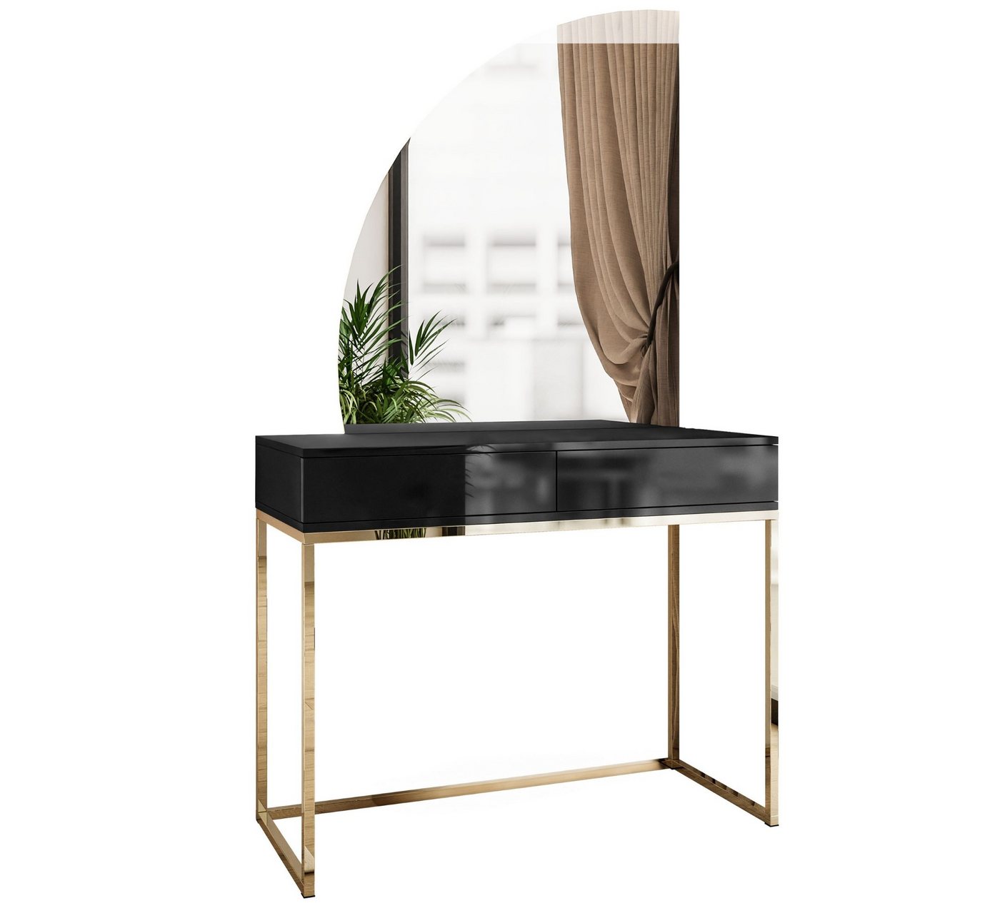 ALLHOUSE24 Schminktisch BUENO MOND Schwarz Metall gold Halbmond Spiegel LED Kosmetiktisch von ALLHOUSE24