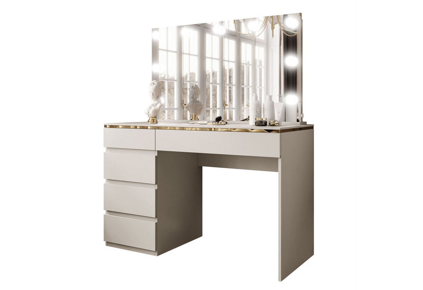 ALLHOUSE24 Schminktisch LAURA KACHMIR 120 cm mit Spiegel und Beleuchtung Kosmetiktisch (1x Schreibtisch 1x Spiegel) von ALLHOUSE24