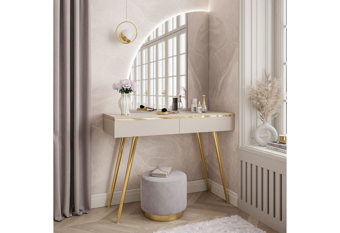 ALLHOUSE24 Schminktisch LAURA Kaschmir Halbmondspiegel mit LED-Beleuchtung gold MetallBeine, Breite 102 cm von ALLHOUSE24