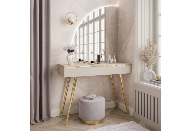 ALLHOUSE24 Schminktisch LAURA Kaschmir Halbmondspiegel mit LED-Beleuchtung gold MetallBeine, Breite 102 cm von ALLHOUSE24