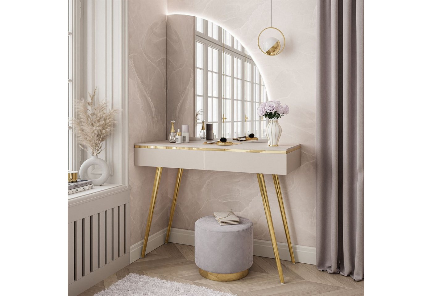 ALLHOUSE24 Schminktisch LAURA Kaschmir Halbmondspiegel mit LED-Beleuchtung gold MetallBeine, Breite 102 cm von ALLHOUSE24