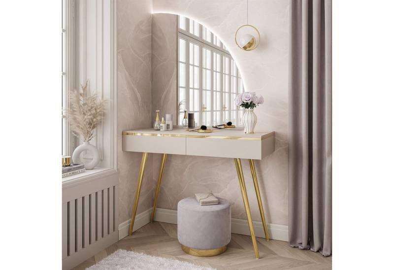 ALLHOUSE24 Schminktisch LAURA Kaschmir Halbmondspiegel mit LED-Beleuchtung gold MetallBeine, Breite 102 cm von ALLHOUSE24