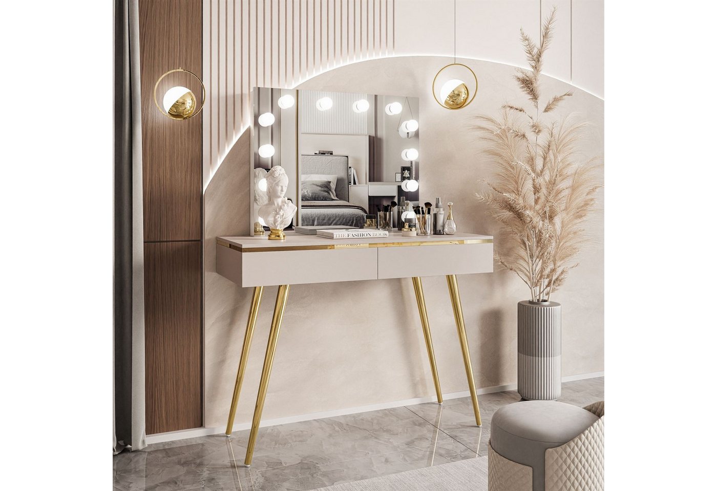 ALLHOUSE24 Schminktisch LAURA-V GOLD ELITE Kaschmir mit Spiegel und Glühbirnen Kosmetiktisch, Breite 102 cm von ALLHOUSE24