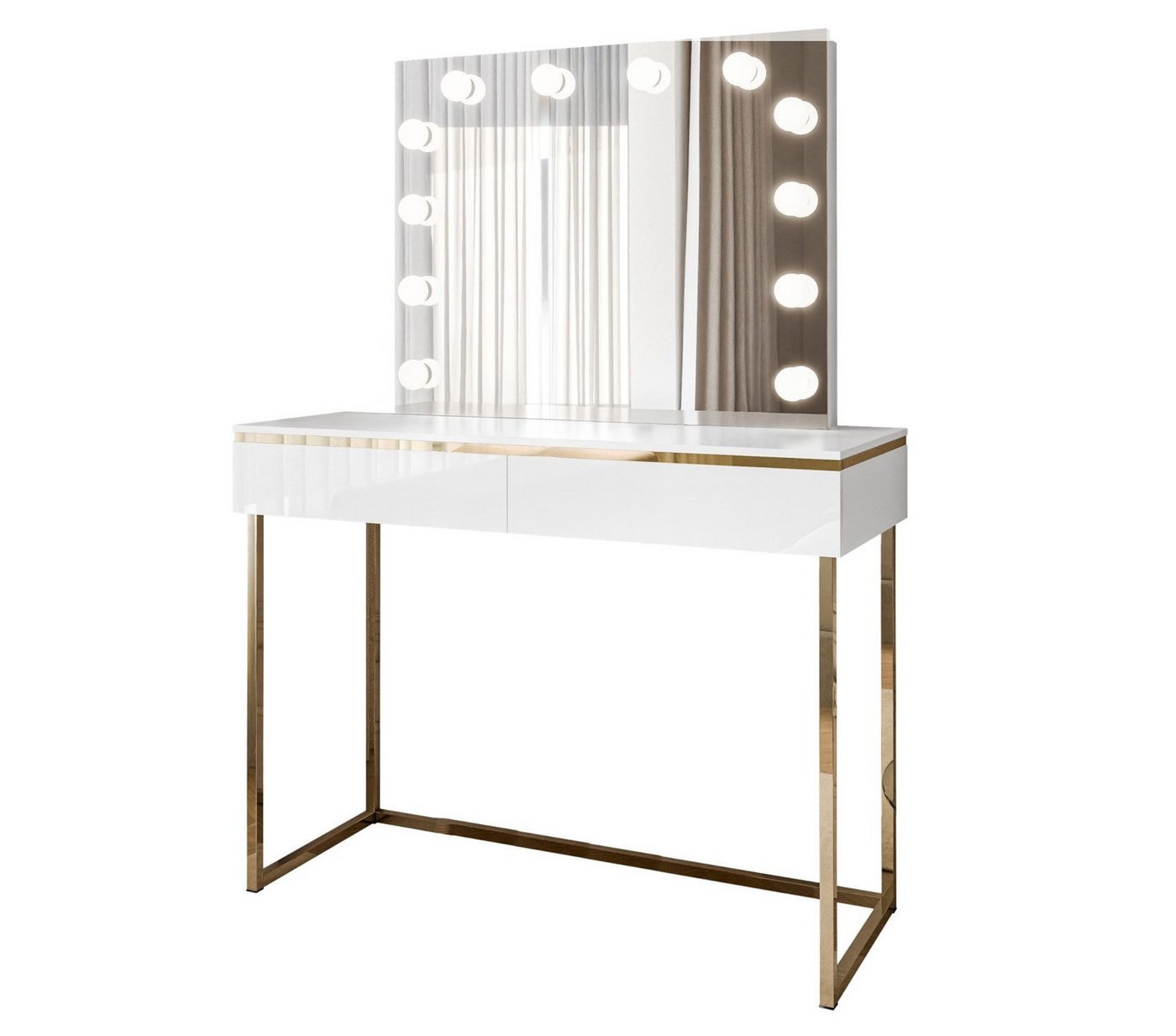 ALLHOUSE24 Schminktisch PEONY GOLD weiß Hochglanz mit Spiegel und Glühbirnen Kosmetiktisch von ALLHOUSE24