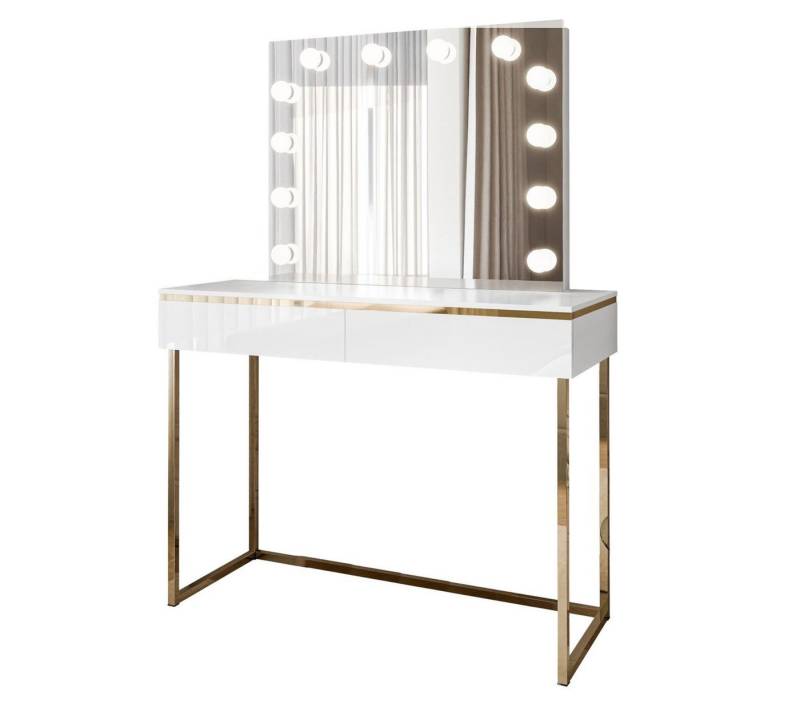 ALLHOUSE24 Schminktisch PEONY GOLD weiß Hochglanz mit Spiegel und Glühbirnen Kosmetiktisch von ALLHOUSE24