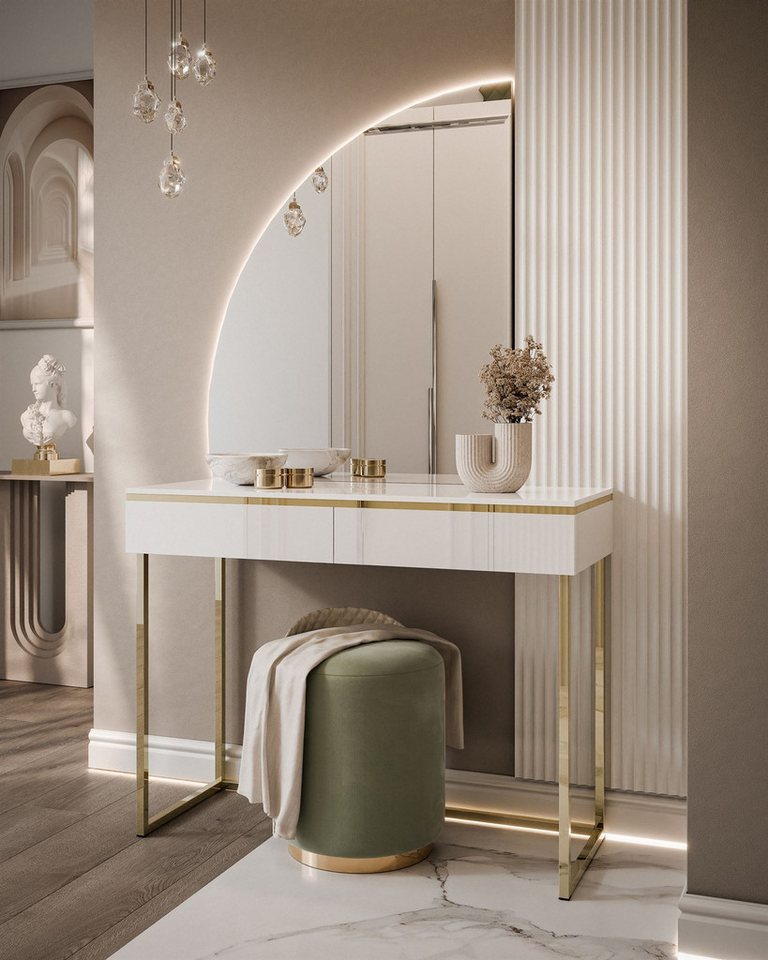 ALLHOUSE24 Schminktisch PEONY MOND GOLD Metallgestell weiß Hochglanz mit Spiegel Kosmetiktisch von ALLHOUSE24