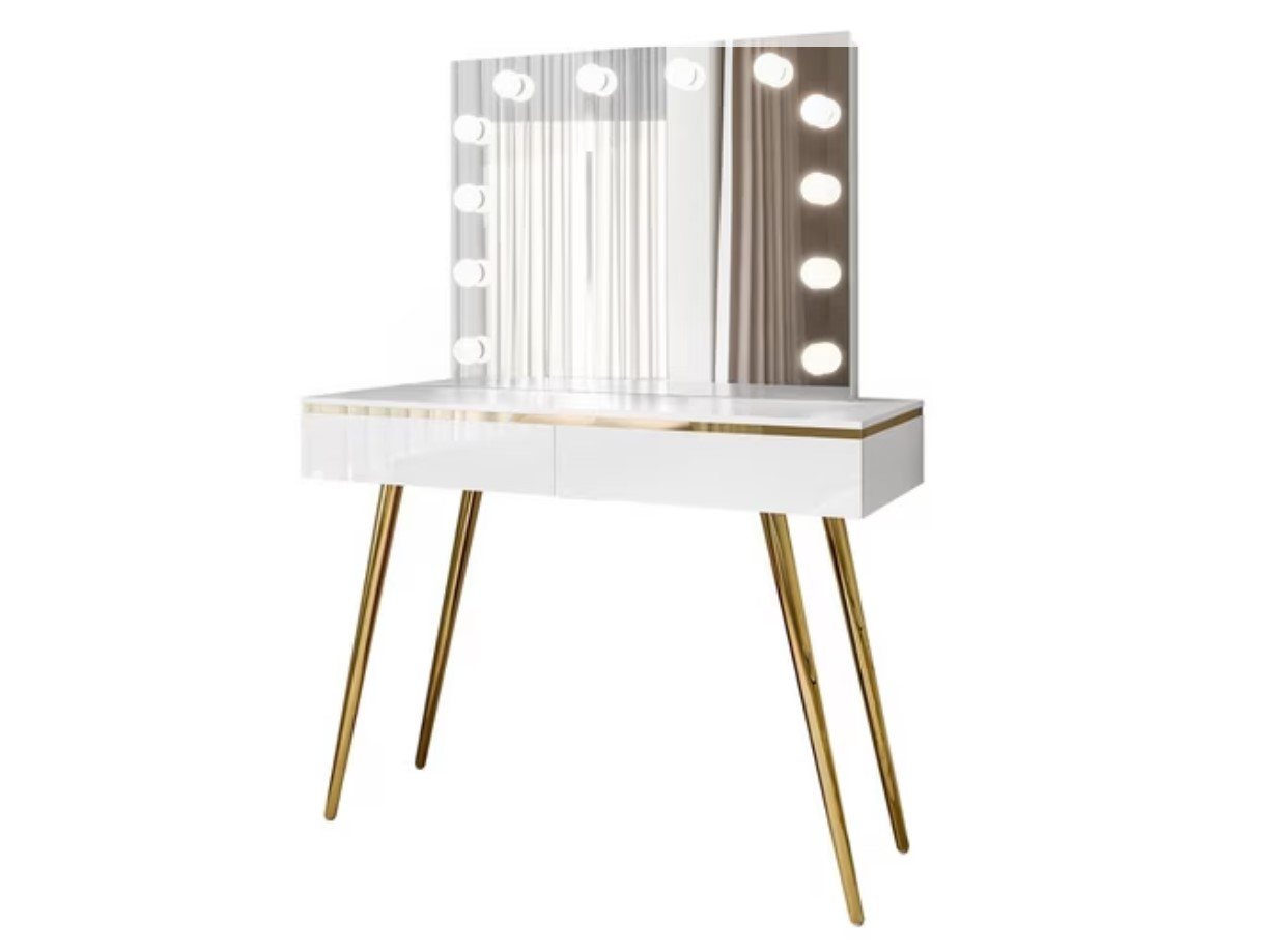 ALLHOUSE24 Schminktisch PEONY V GOLD Füße Kosmetiktisch Weiß Glanz Spiegel LED Lampen BERLIN von ALLHOUSE24