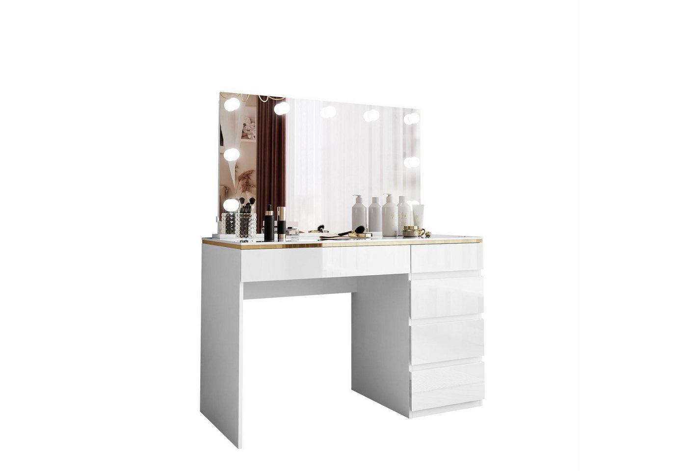 ALLHOUSE24 Schminktisch PEONY weiß Hochglanz/weiß goldene Streifen Spiegel Beleuchtung (1x Schreibtisch 1x Spiegel), Breite 120 cm von ALLHOUSE24