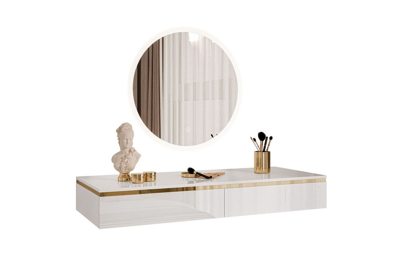 ALLHOUSE24 Schminktisch PEONY weiß Hochglanz mit rundem Spiegel LED Kosmetiktisch BERLIN von ALLHOUSE24