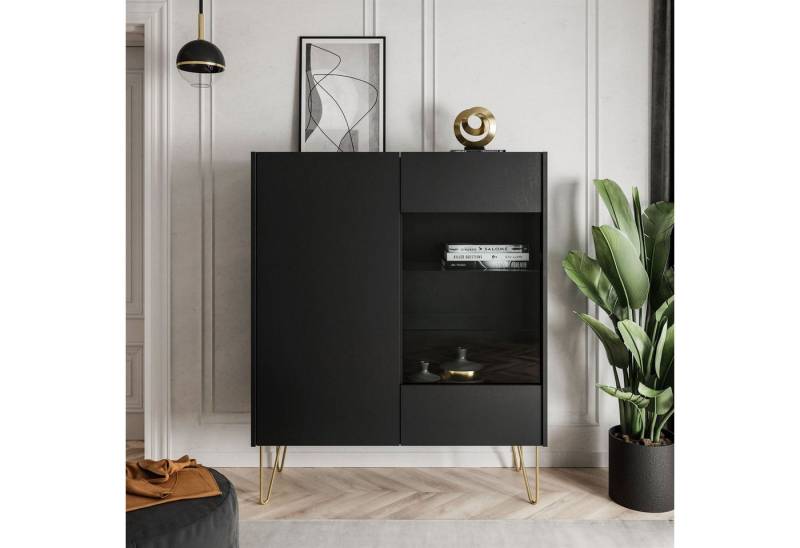 ALLHOUSE24 Vitrine IVO Hochkommode 97 cm Breite schwarz Marmor Optik Gold Füße Sideboard 97 cm Breite von ALLHOUSE24