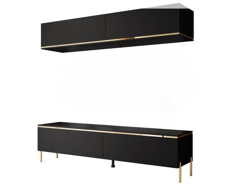 ALLHOUSE24 Wohnwand LAURA Schrankwand 180 cm Breite matt schwarz gold Beine von ALLHOUSE24