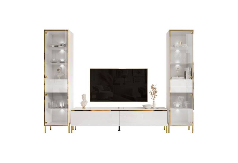 ALLHOUSE24 Wohnzimmer-Set Möbelset PEONY GOLD mit LED weiß Hochglanz Glasvitrine TV Schrank, (1x TV Schrank, 2 x Vitrinen), Fronten in Hochglanz, LED Beleuchtung von ALLHOUSE24