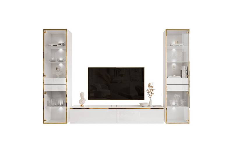 ALLHOUSE24 Wohnzimmer-Set Möbelset PEONY GOLD mit LED weiß Hochglanz Glasvitrine TV Schrank, (1x TV Schrank, 2 x Vitrinen), Fronten in Hochglanz, LED Beleuchtung von ALLHOUSE24