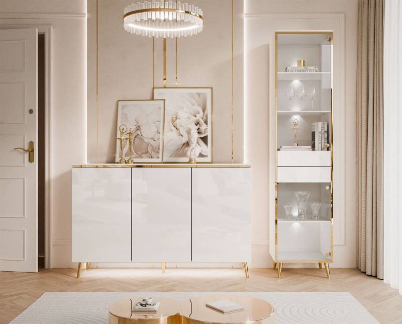 ALLHOUSE24 Wohnzimmer-Set PEONY weiß Hochglanz/ weiß GOLD mit LED Beleuchtung Kommode Vitrine, (1x Kommode, 1x Vitrine), LED Beleuchtung, Fronten in Hochglanz von ALLHOUSE24