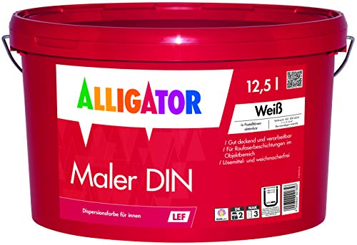 Alligator Maler DIN Innenfarbe Weiß 12,5 Liter -Stumpfmatte Raumfarbe - Wandfarbe gute Deckkraft - Made in Germany von ALLIGATOR