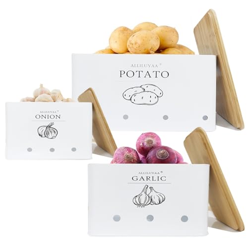 ALLILUYAA Kartoffel Aufbewahrungsbox,Zwiebel Aufbewahrung,Knoblauch Aufbewahrung,Stilvolle Zwiebeltopf für die Küche,mit Lüftungslöchern für Optimale Haltbarkeit,3er Set (Weiß) von ALLILUYAA