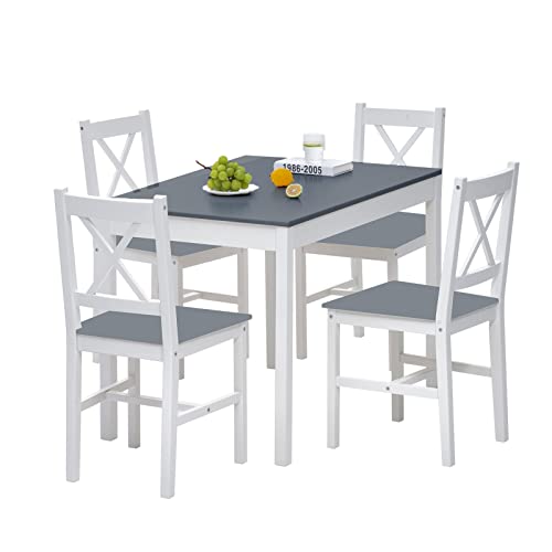 Esstisch mit 4 Stühlen Set Kiefer Holz Essgruppe 4er Set für Esszimmer, Küche, Wohnzimmer. 108 x 65 x 73 cm. Grau von ALLINLIFE