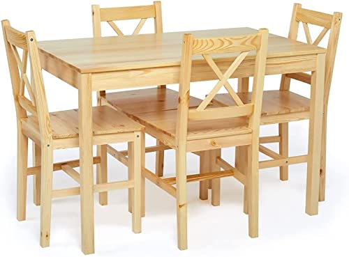 Esstisch mit 4 Stühlen Set Kiefer Holz Essgruppe 4er Set für Esszimmer, Küche, Wohnzimmer,108 x 65 x 73 cm, Holzfarbe von ALLINLIFE