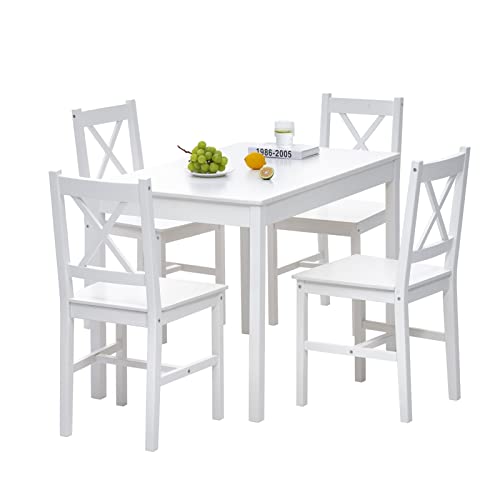 Esstisch mit 4 Stühlen Set Kiefer Holz Essgruppe 4er Set für Esszimmer, Küche, Wohnzimmer,108 x 65 x 73 cm, Weiß von ALLINLIFE