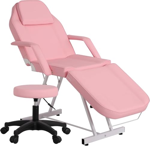 Massageliege Klappbar Kosmetikliege mit Rollhocker 3 Zonen Höhenverstellbar Massagetisch Massagebett mit ergonomischer Kopfstütze, Bezug, Armablage, Kissen (Rosa) von ALLINLIFE