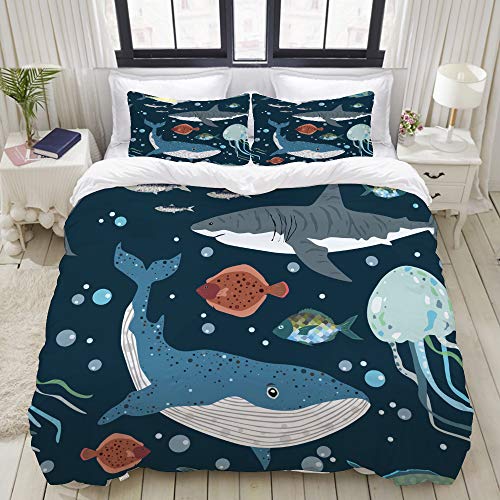 ALLMILL Bedding Bedrucktes Bettbezug-Sets,Nahtlose Muster Shark Wale Fisch Qualle,Mikrofaser Kinder Student Schlafsaal Bettwäsche Set (1 Bettbezug + 2 Kissenbezüge) von ALLMILL