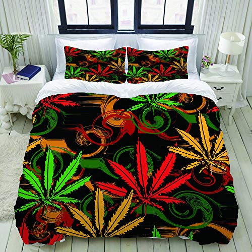 ALLMILL Bettwäsche-Set, Mikrofaser,Grüne Karikatur Rasta Zusammenfassung vom Marihuana-Hanf auf Rastafarian färbt Ganja,1 Bettbezug 200 x 200cm+ 2 Kopfkissenbezug 80x80cm von ALLMILL