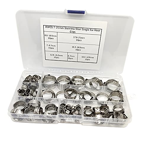 ALLNICE 85 STÜCKE 7-21mm Einzelohrschlauchschellen 304 Edelstahl Einstellbare Stufenlose Rohrschellen Sortiment Kit für Sanitärautomobil- und Wasserversorgungsanwendungen (Type 2) von Allnice