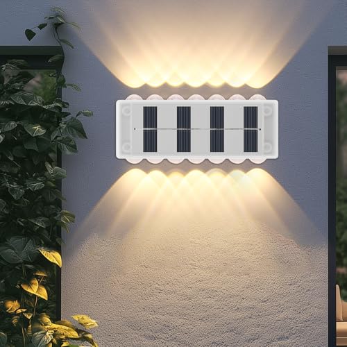 ALLOMN 4 Pack Solar Wandleuchten Außen Garten, 14 LED IP65 Wasserdicht Solar Zaunleuchten Außen Up und Down Wandlampen für Garten Hof Zaun Garage Haustür Weg (Warmweiß, 14 LED) von ALLOMN